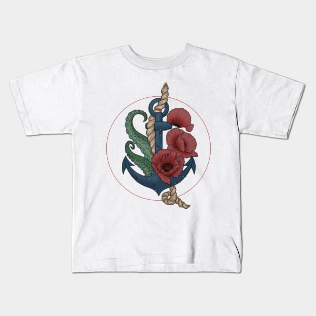 Anchor and flowers (red circle) Kids T-Shirt by crazypangolin